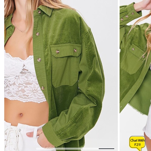 Forever 21 Jacket Corduroy Button-Up Shirt Front Shacket Sz S Olive - Picture 8 of 10